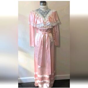 Gunne Sax 1970's Victorian Prairie Lace Trim V Neck Maxi Gown Dress